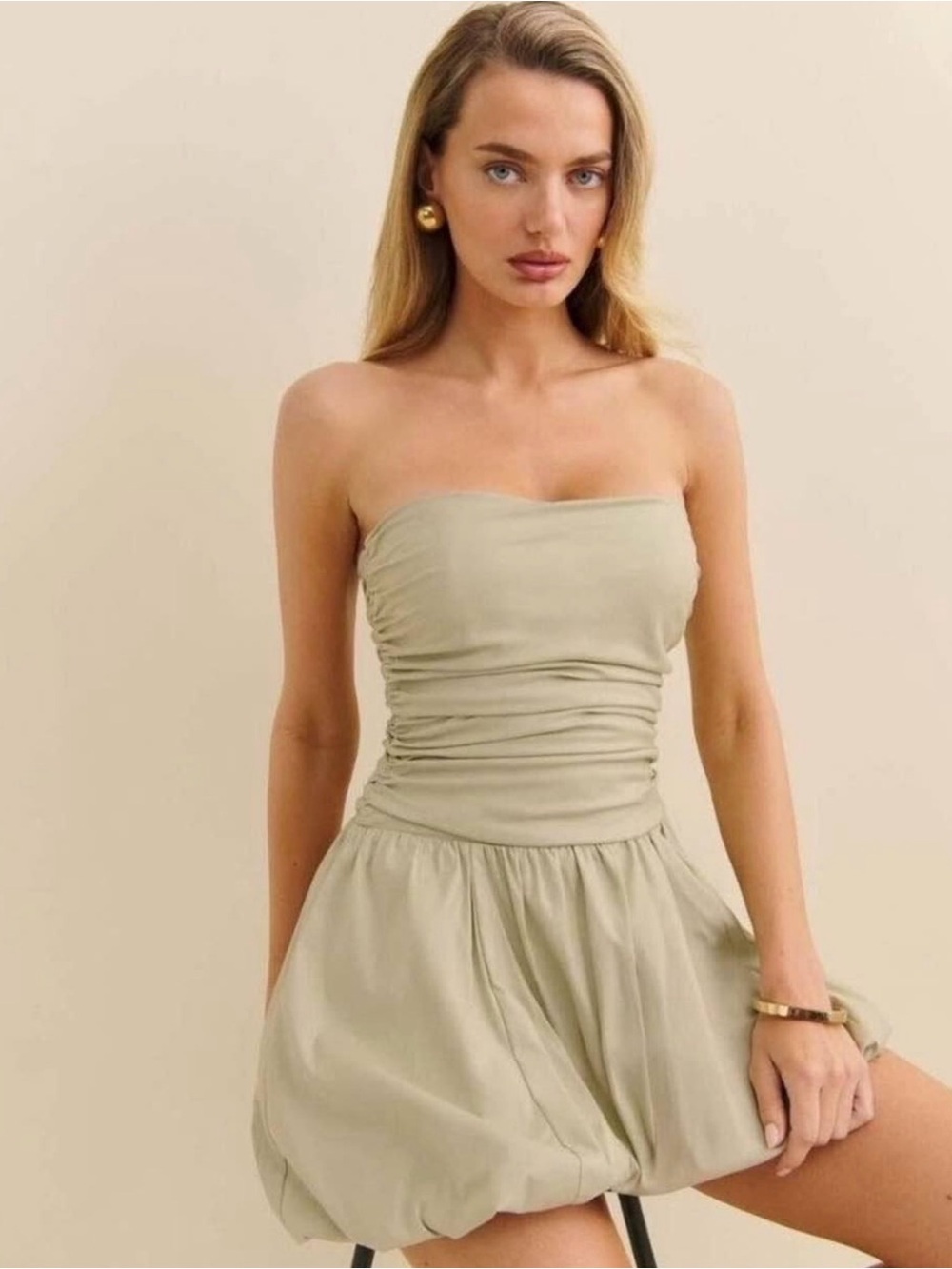 Reformation Clea Strapless Ruched Bubble-Hem Dress in Light Herb